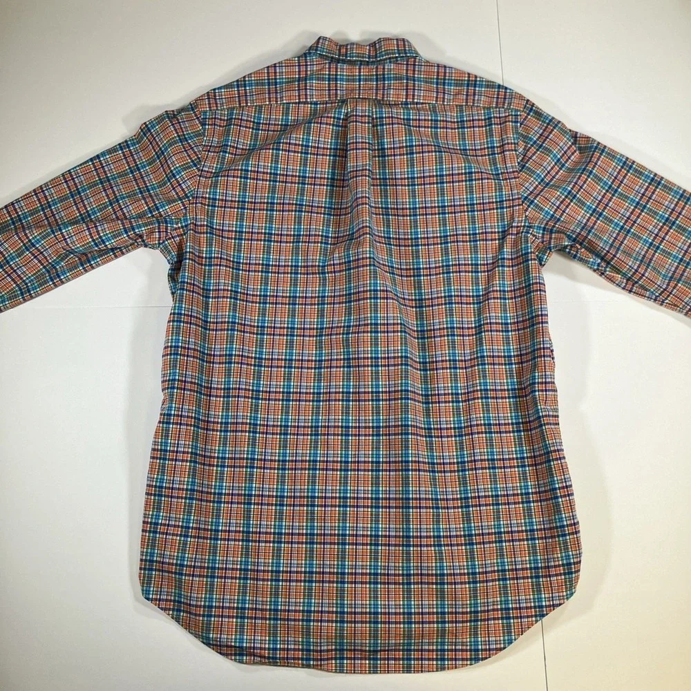 Polo Ralph Lauren Shirt Mens L Orange Blue Plaid Button Down Cotton Stretch Pony